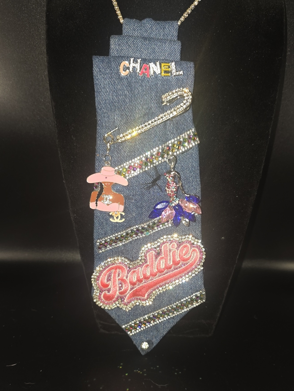 Embellished Denim Tie Necklace with Baddie Patch